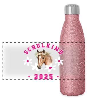 Schulkind 2025 - Pferd Reiterin Reiter Einschulung - Panorama Glitzer Isolierflasche 500 ml - Pink Glitzer - Vorne