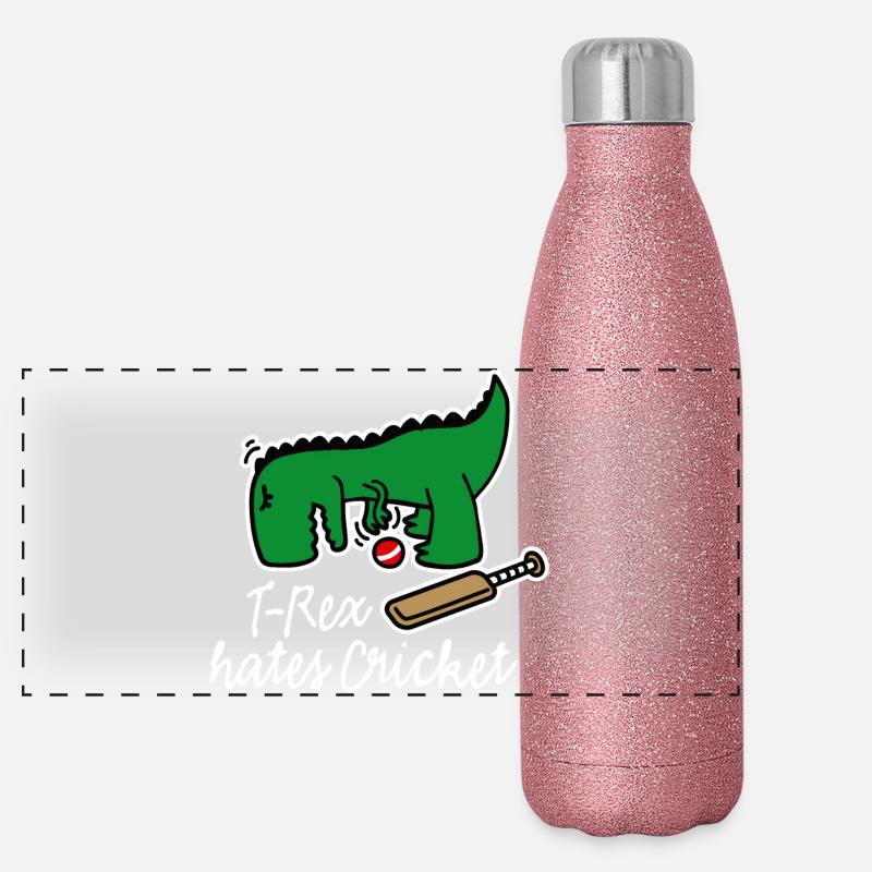 Cricket player dinosaur, T-Rex hates cricket - Panoramic Glitter Thermal Bottle 500 ml - pink glitter