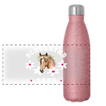 Schulkind 2025 - Pferd - Einschulung Klasse 1 - Panorama Glitzer Isolierflasche 500 ml - Pink Glitzer - Vorne