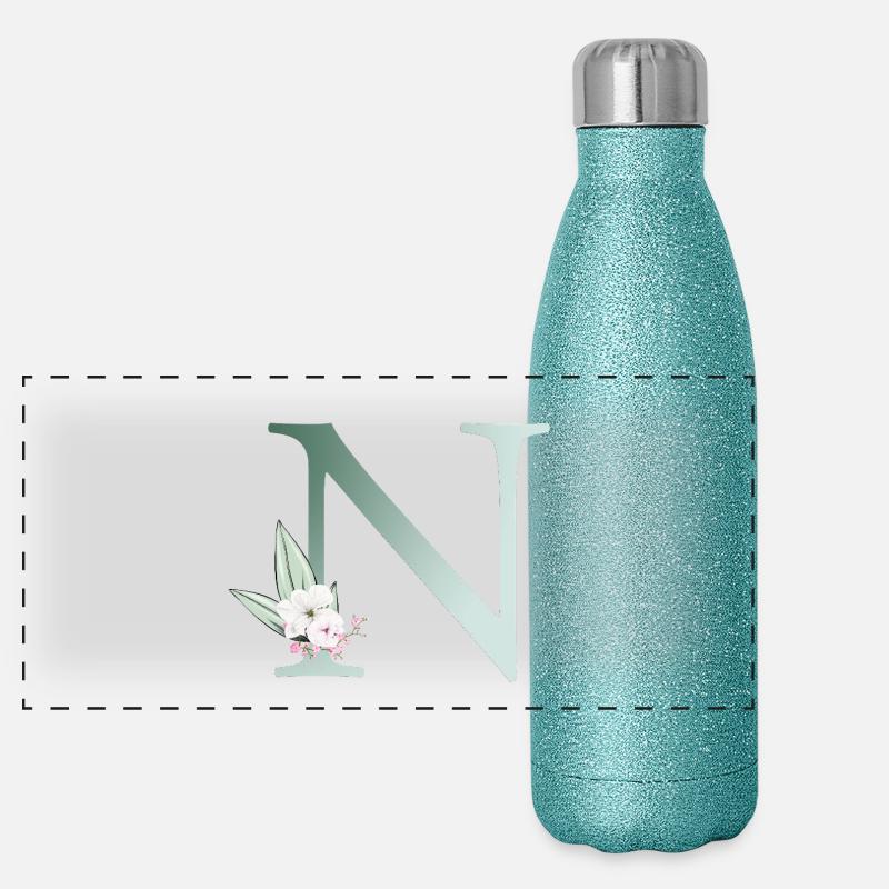 N Monogramme, Floral, Personnalisable Gourde isotherme panoramique pailletée 500 ml