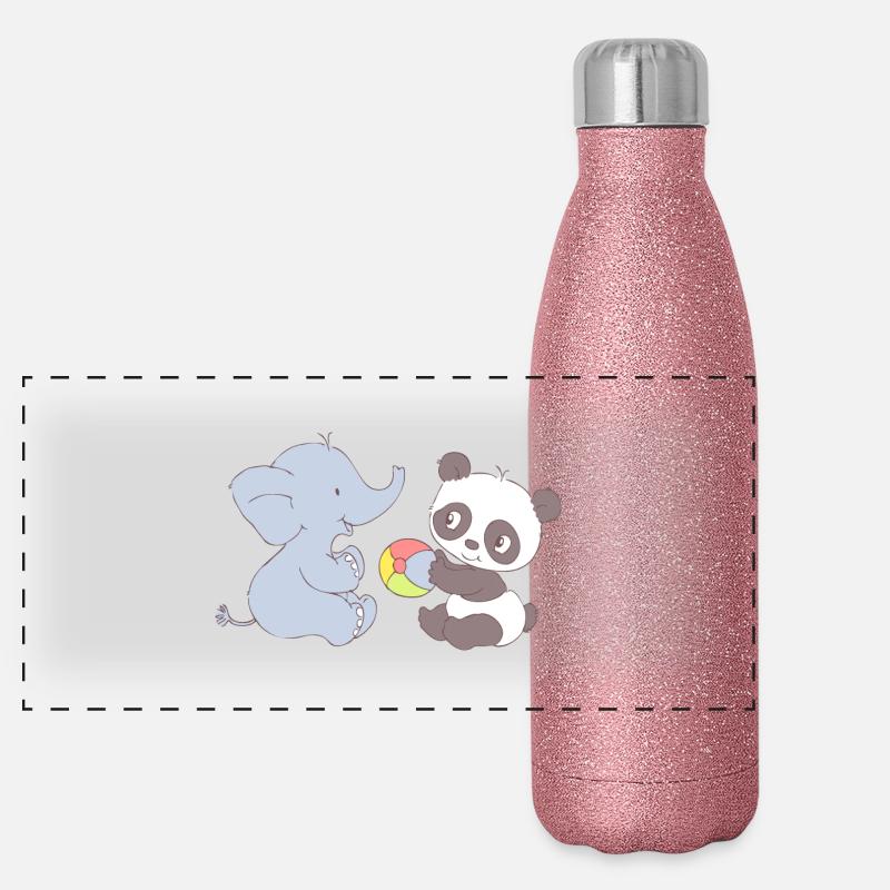 Elephant and Panda playing with ball - Gourde isotherme panoramique pailletée 500 ml - paillettes roses