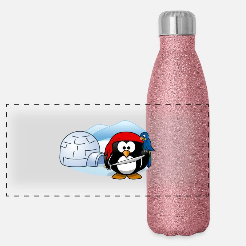 Pirate Penguin avec l'épée, perroquet et igloo. Gourde isotherme panoramique pailletée 500 ml