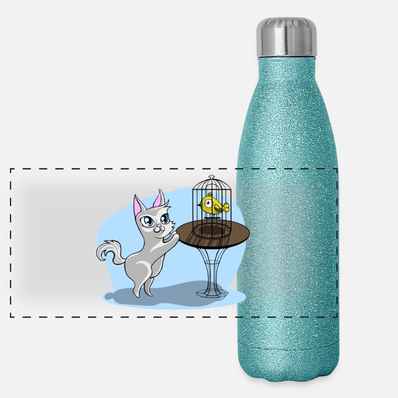 Chat avec oiseau Gourde isotherme panoramique pailletée 500 ml