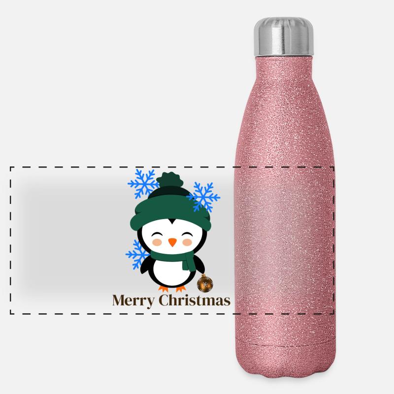 Winterpinguin mit Schneeflocken Panorama Glitzer Isolierflasche 500 ml