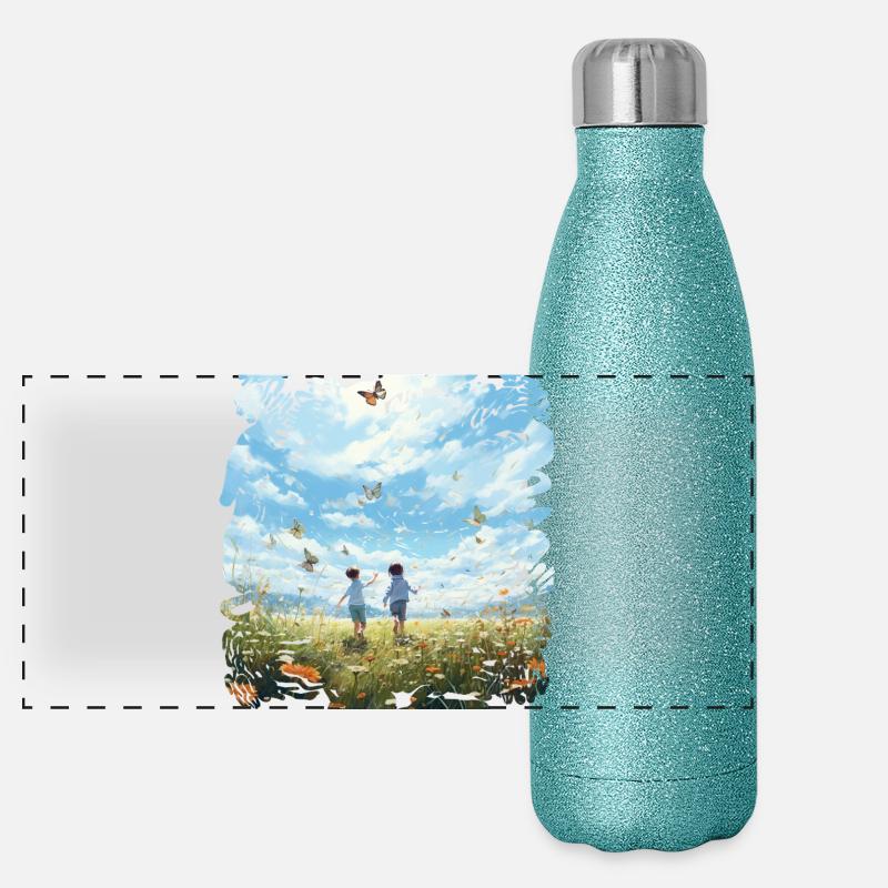 Unbeschwerte Kinderfreunde im Schmetterlingsflug Panorama Glitzer Isolierflasche 500 ml