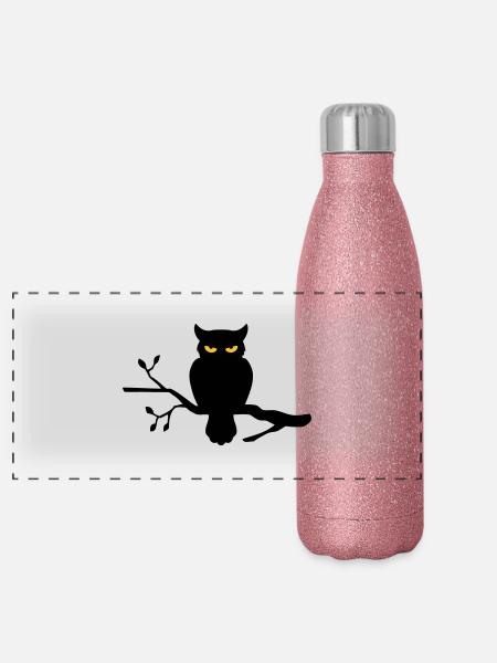 Eule auf Ast - Panorama Glitzer Isolierflasche 500 ml - Pink Glitzer - Vorne