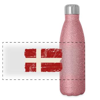 Denmark Flag - Vintage Look - Panorama Glitzer Isolierflasche 500 ml - Pink Glitzer - Vorne