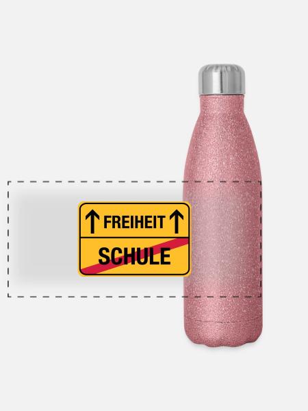 Schule – Freiheit - Panorama Glitzer Isolierflasche 500 ml - Pink Glitzer - Vorne