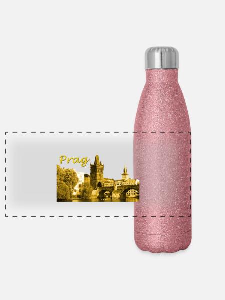 Prag die Goldene Stadt - Panorama Glitzer Isolierflasche 500 ml - Pink Glitzer - Vorne