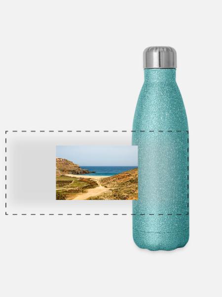 Fokos Beach Mykonos Island South Aegean Region - Panoramic Glitter Thermal Bottle 500 ml - blue glitter - Front