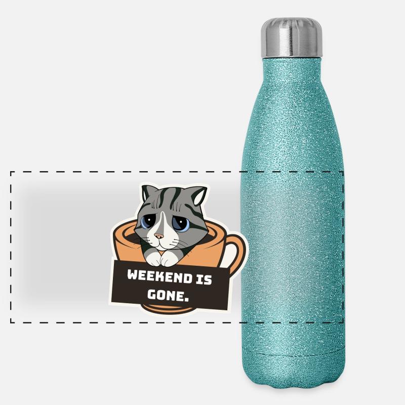 Sad Kitten with Coffee Cup and Weekend Sign Panoramic Glitter Thermal Bottle 500 ml