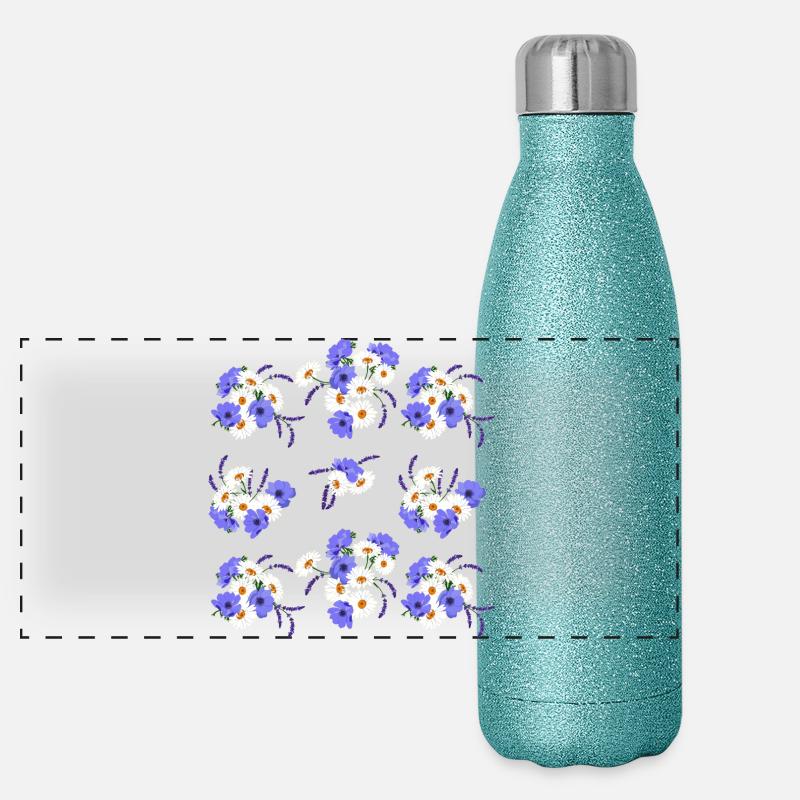 Country Floral Pattern in Blue and White Panoramic Glitter Thermal Bottle 500 ml