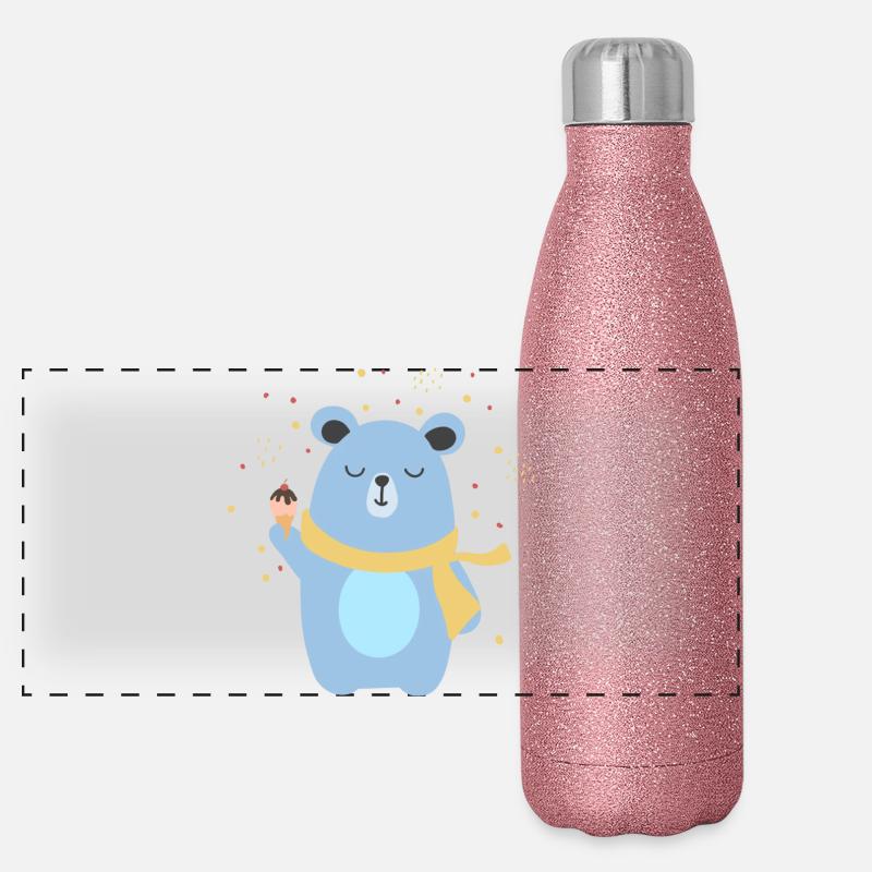 Cute Bear Having an Icecream - Panoramic Glitter Thermal Bottle 500 ml - pink glitter