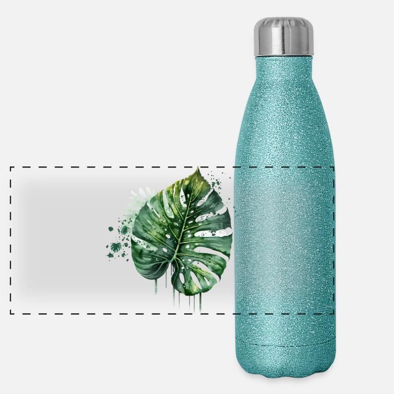 Monstera Feuille tropicale aquarelle Gourde isotherme panoramique pailletée 500 ml