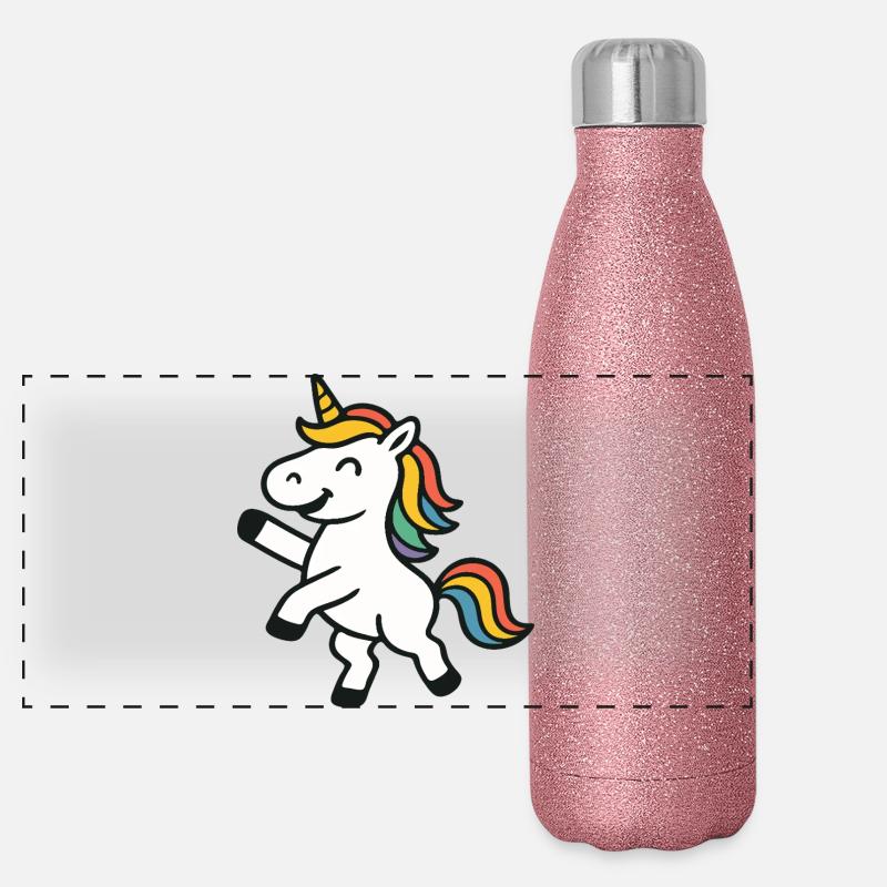 Fröhliches Springen, Einhorn mit bunten Mähnenkunst Panorama Glitzer Isolierflasche 500 ml