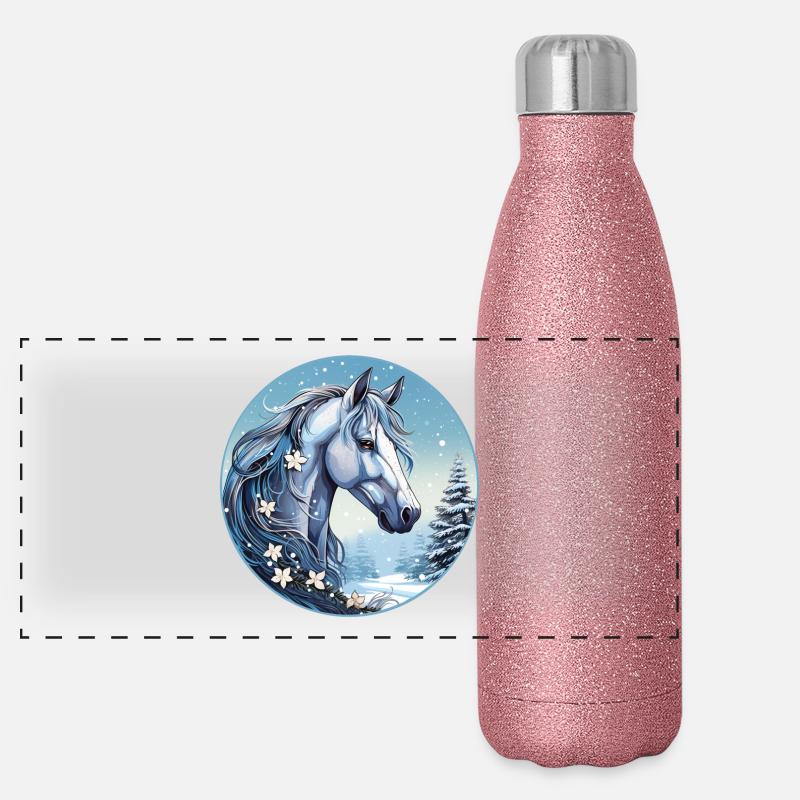 Pferd mit Schneeflocken - Panorama Glitzer Isolierflasche 500 ml - Pink Glitzer