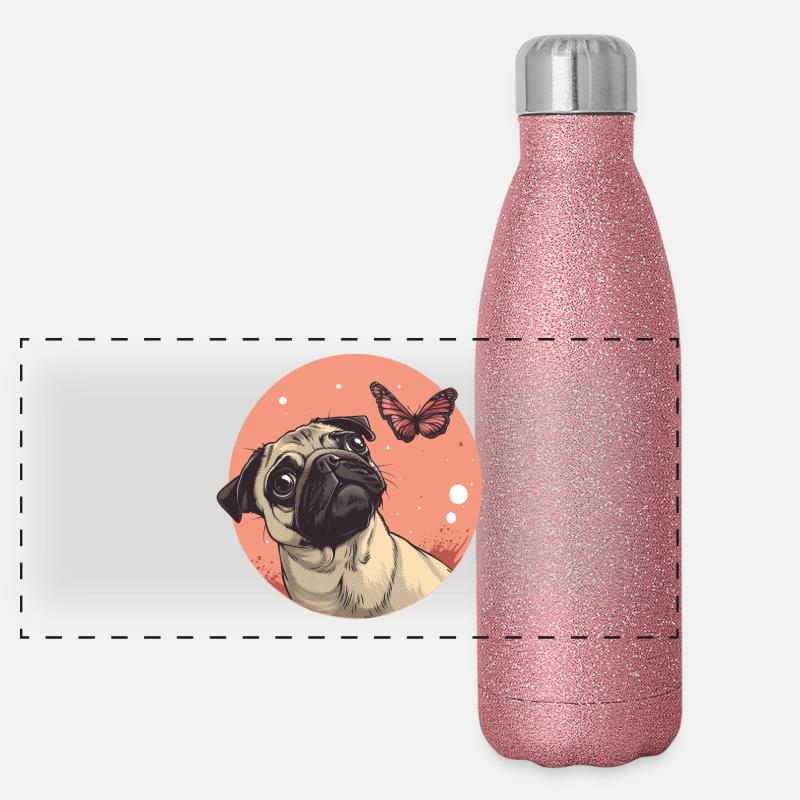 Pug with butterfly Panoramic Glitter Thermal Bottle 500 ml