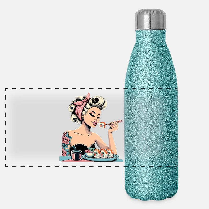 Pin Up Frau blond Rockabilly Sushi Retro Geschenk Panorama Glitzer Isolierflasche 500 ml
