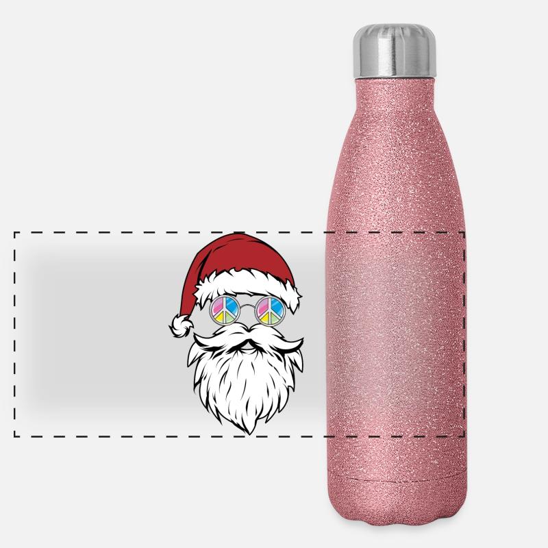 Weihnachtsmann mit runder Brille Liebe und Frieden Panorama Glitzer Isolierflasche 500 ml