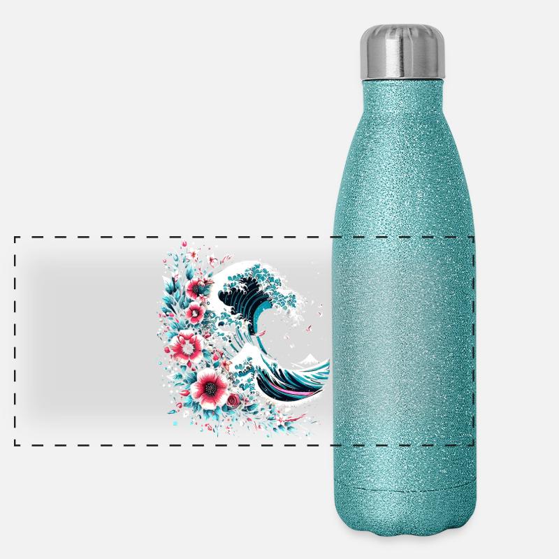 grosse vague de fleurs au large de Kanagawa Gourde isotherme panoramique pailletée 500 ml