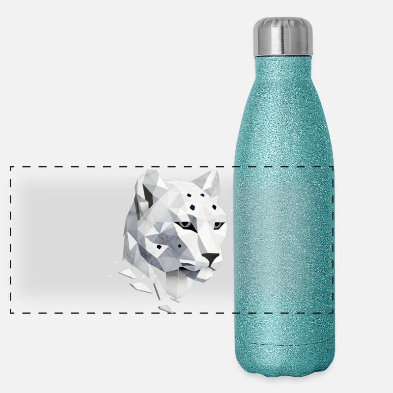 Geometrischer Schneeleopard – Eleganz der Wildnis Panorama Glitzer Isolierflasche 500 ml