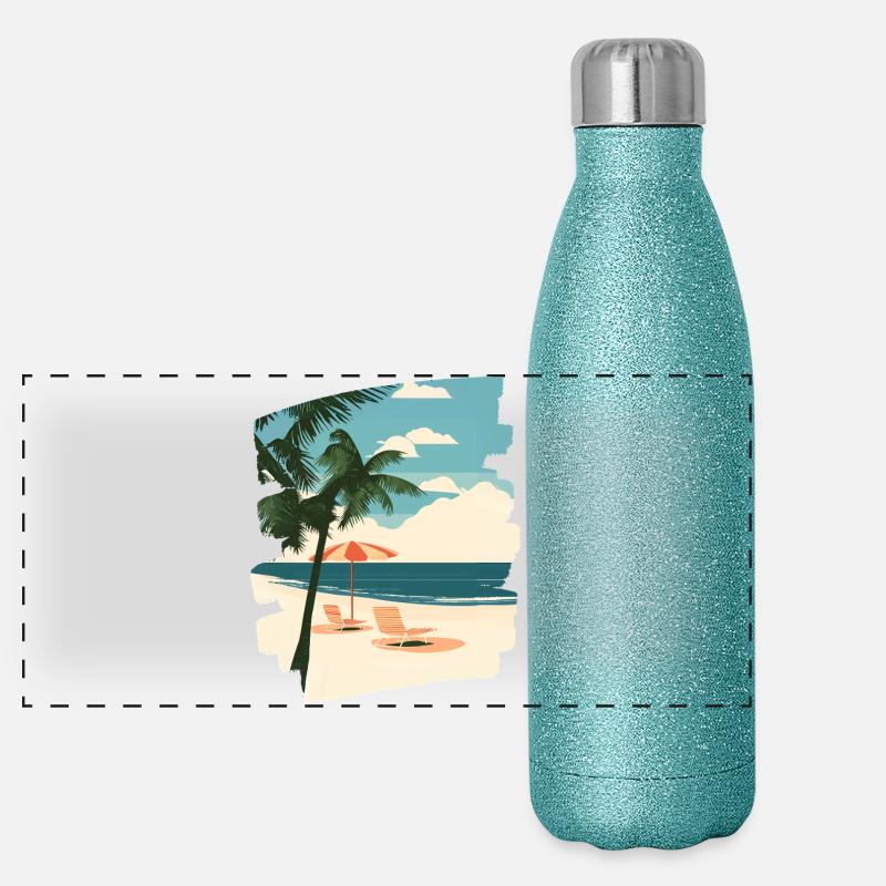Plage Palmiers Soleil Été Gourde isotherme panoramique pailletée 500 ml