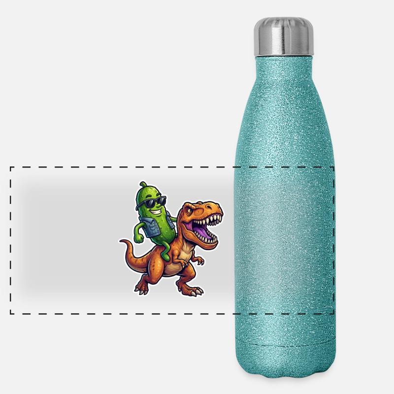 Saure Gurke reitet auf Dinosaurier Panorama Glitzer Isolierflasche 500 ml