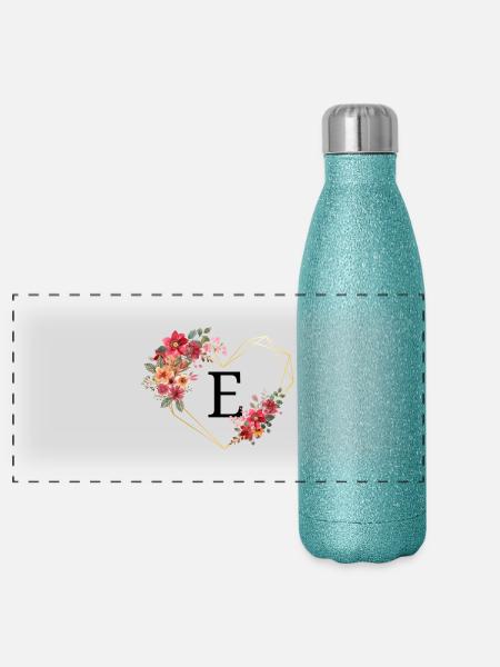 Buchstabe e florales goldenes Herz - Panorama Glitzer Isolierflasche 500 ml - Blau Glitzer - Vorne