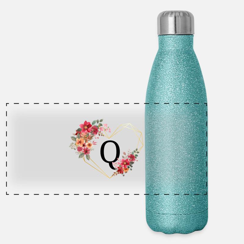 Lettre q cœur doré floral Gourde isotherme panoramique pailletée 500 ml