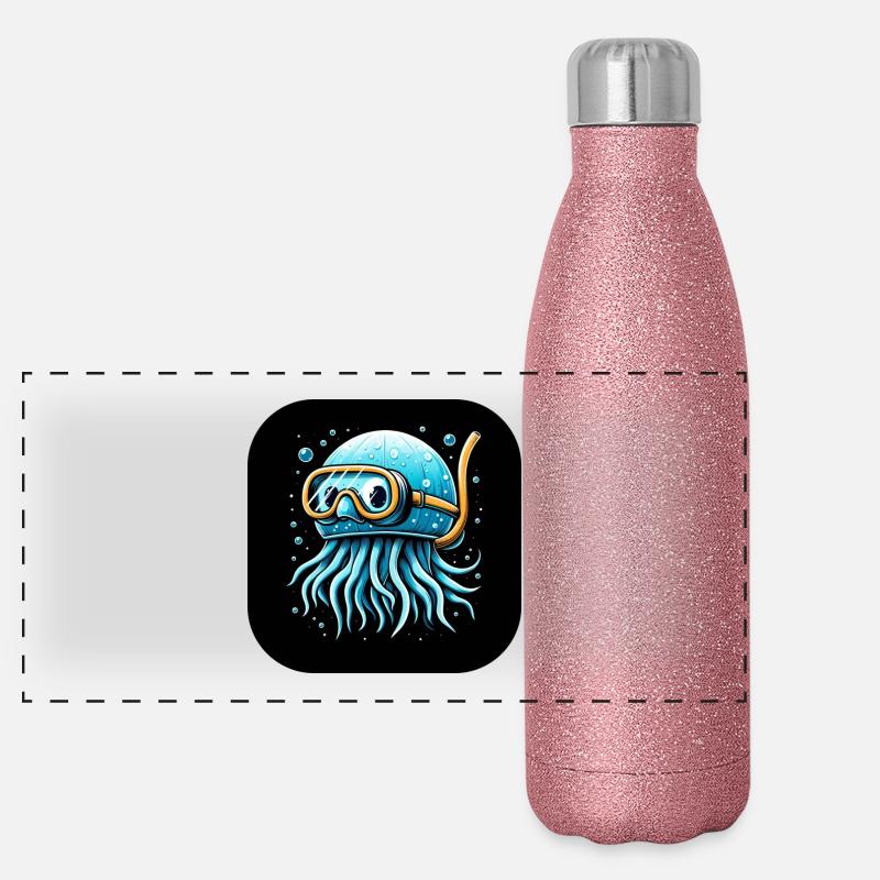 Pieuvre avec des lunettes de plongée Bande dessinée Gourde isotherme panoramique pailletée 500 ml