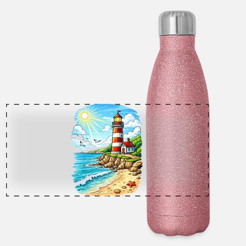 Lighthouse on sunny coastal beach Panoramic Glitter Thermal Bottle 500 ml