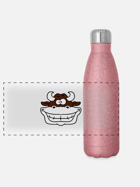Verrückte Grinsende Kuh - Panorama Glitzer Isolierflasche 500 ml - Pink Glitzer - Vorne
