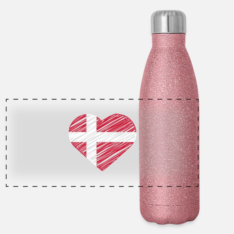 J’aime le Danemark avec le drapeau du Danemark dans une chemise en forme de cœur Gourde isotherme panoramique pailletée 500 ml