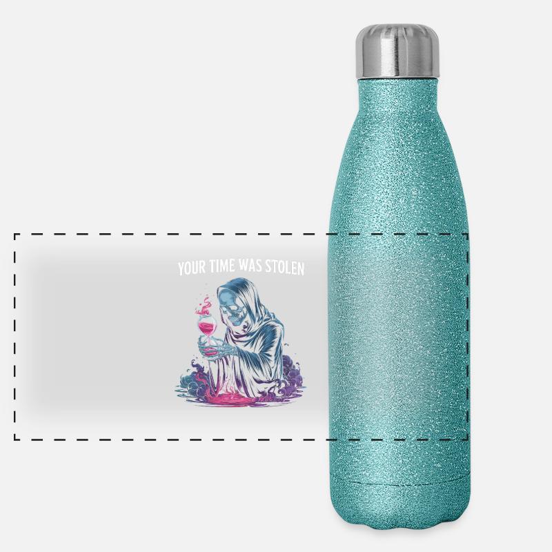 Deine Zeit wurde gestohlen - Atemberaubendes Skelett Zeit Zitat Panorama Glitzer Isolierflasche 500 ml