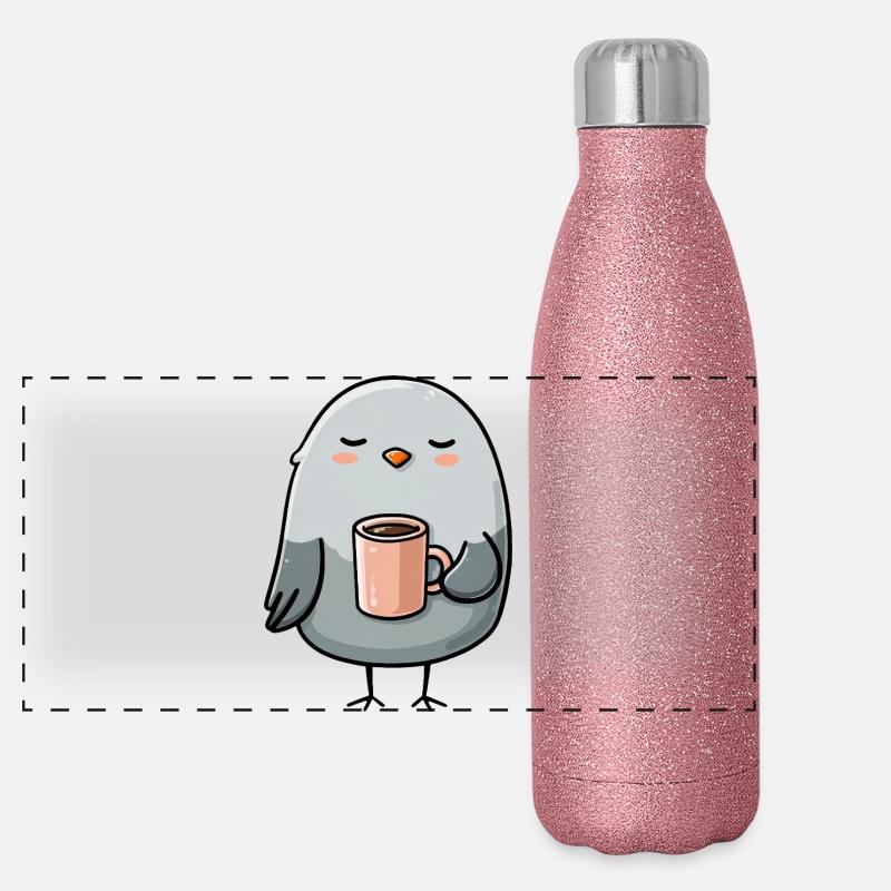 Gemütliche Taube mit Kaffeetasse - Panorama Glitzer Isolierflasche 500 ml - Pink Glitzer