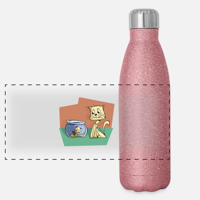 Katze mit Fisch Panorama Glitzer Isolierflasche 500 ml
