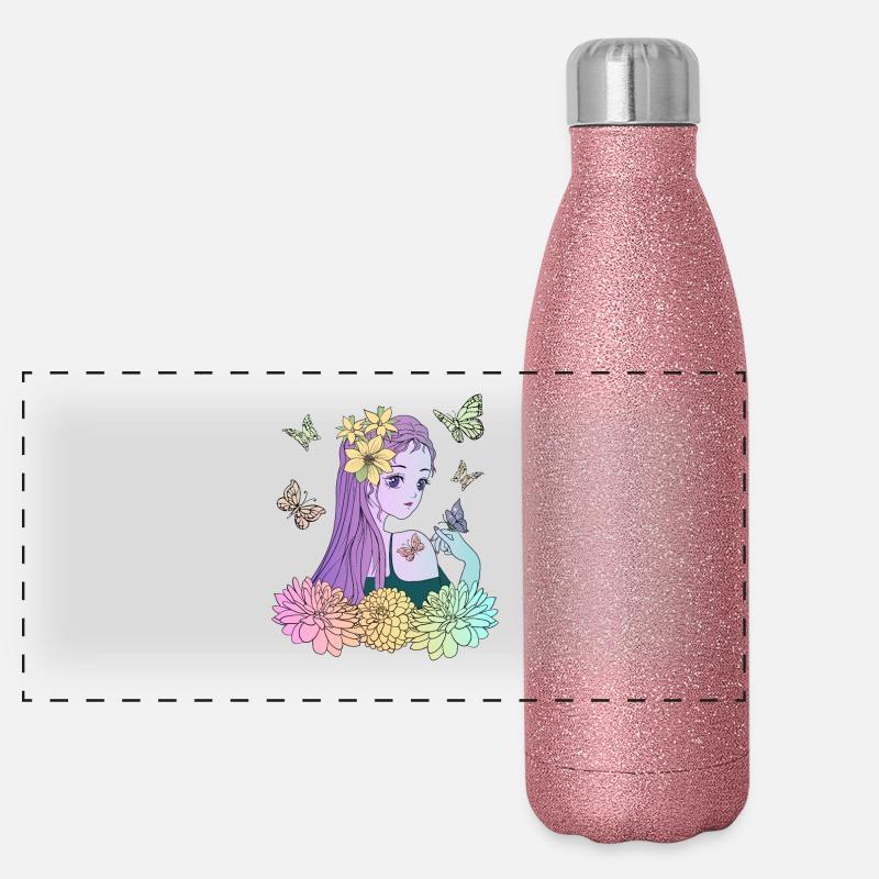 Manga Mädchen mit Schmetterlingen Panorama Glitzer Isolierflasche 500 ml
