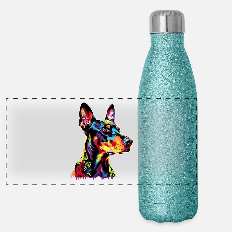 Doberman chien couleurs vives Pop Art Dobermans Gourde isotherme panoramique pailletée 500 ml