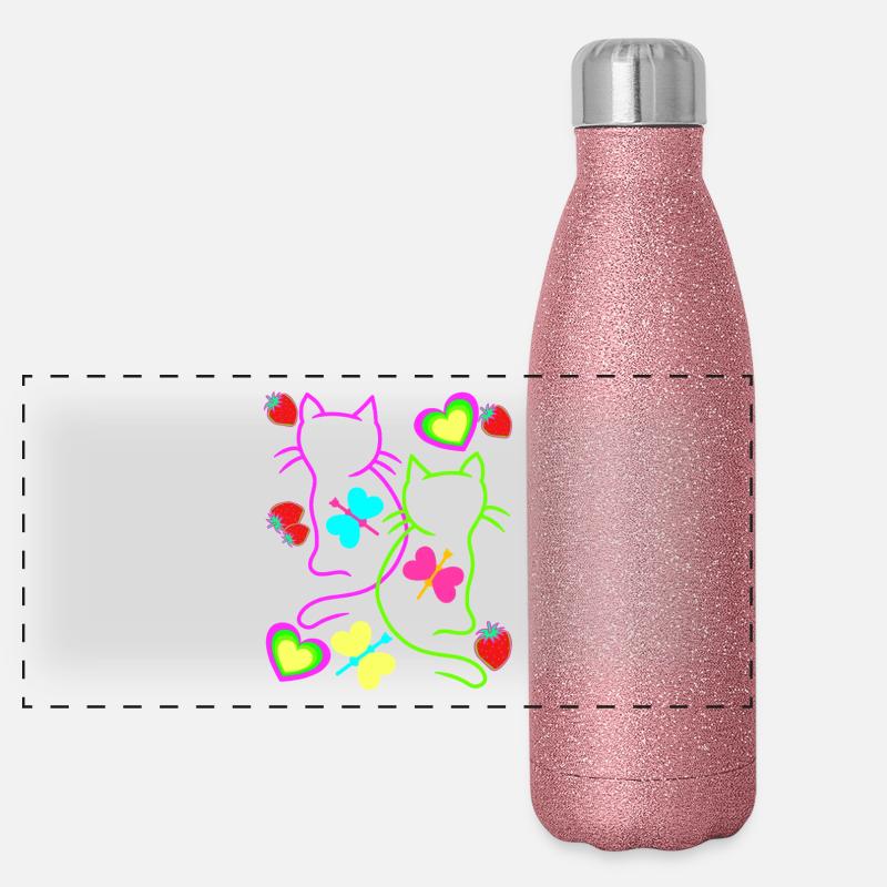 Retro Katzen Erdbeer Sommer Schmetterling Herz Panorama Glitzer Isolierflasche 500 ml
