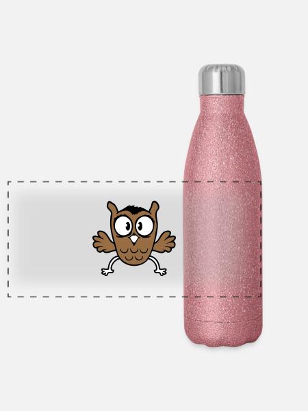 Owl Eagle Owl Jumps Funny, Jumping Jack Flies Flutters - Panoramic Glitter Thermal Bottle 500 ml - pink glitter - Front