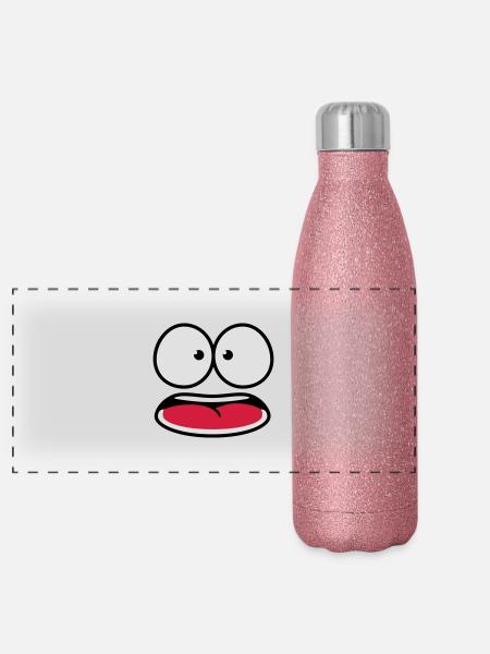 Erschrocken Unsicher guckendes Cartoon Gesicht - Panorama Glitzer Isolierflasche 500 ml - Pink Glitzer - Vorne
