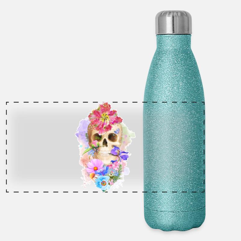 Farbenfroher Schädel mit Blumen Herz Panorama Glitzer Isolierflasche 500 ml