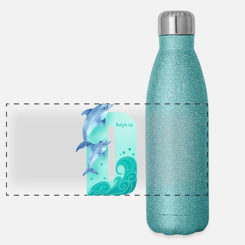 Whimsical Alphabet. Letter D. Blue Dolphin design. Panoramic Glitter Thermal Bottle 500 ml