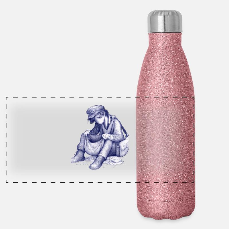 Sad dreamer with bird hat Panoramic Glitter Thermal Bottle 500 ml