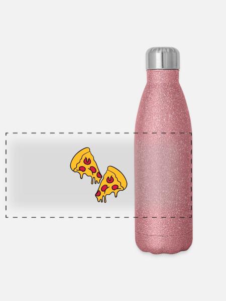 2 pizzas morceaux de fromage dégoulinant de salami - Gourde isotherme panoramique pailletée 500 ml - paillettes roses - Devant