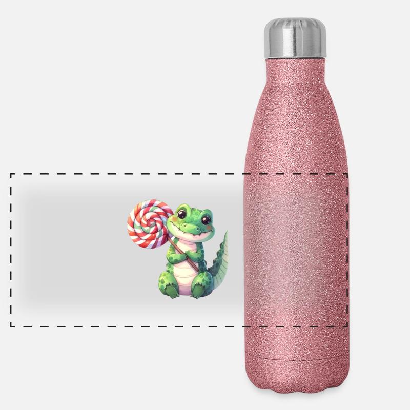 Little cute crocodile with big lollipop Panoramic Glitter Thermal Bottle 500 ml