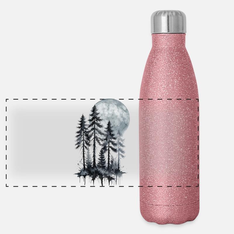 Forêt au clair de lune, Aquarelle, Silhouette Gourde isotherme panoramique pailletée 500 ml