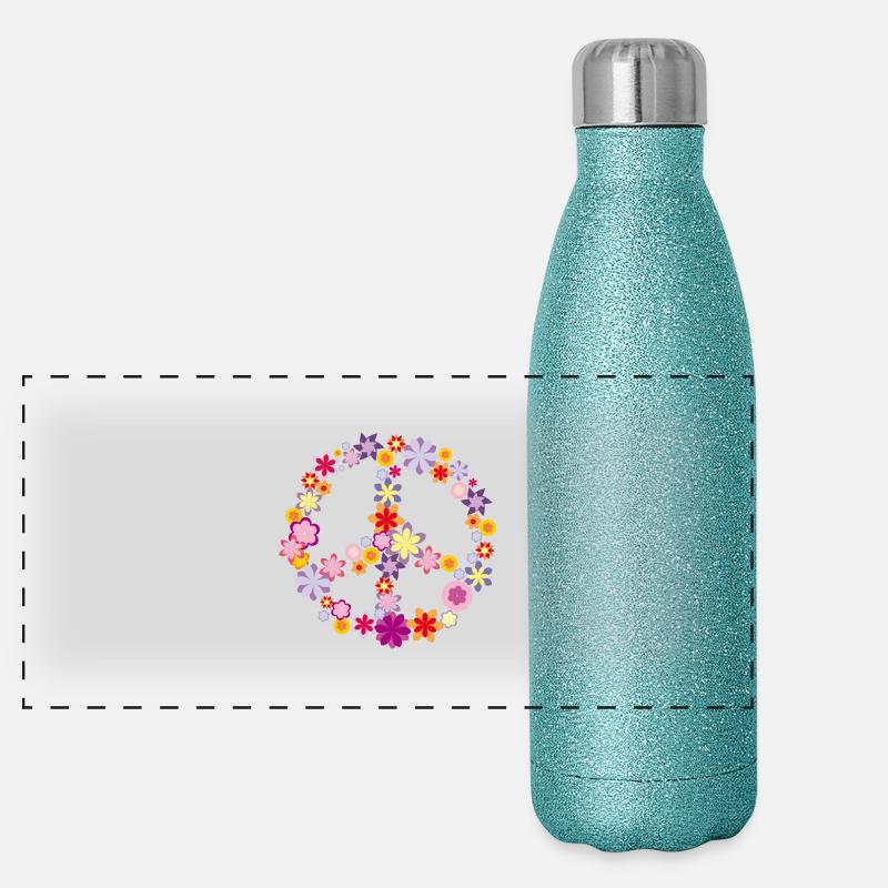 Frieden/Peace Symbol mit Blumen Panorama Glitzer Isolierflasche 500 ml