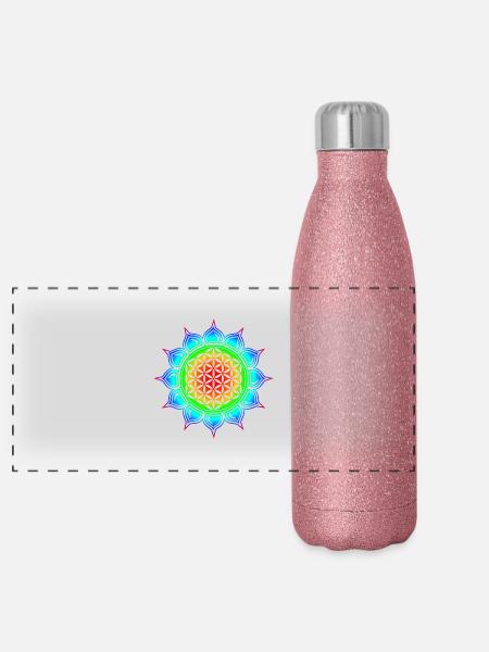 fleur de vie - Flower of life, Lotus-Flower, Heart - Gourde isotherme panoramique pailletée 500 ml - paillettes roses - Devant