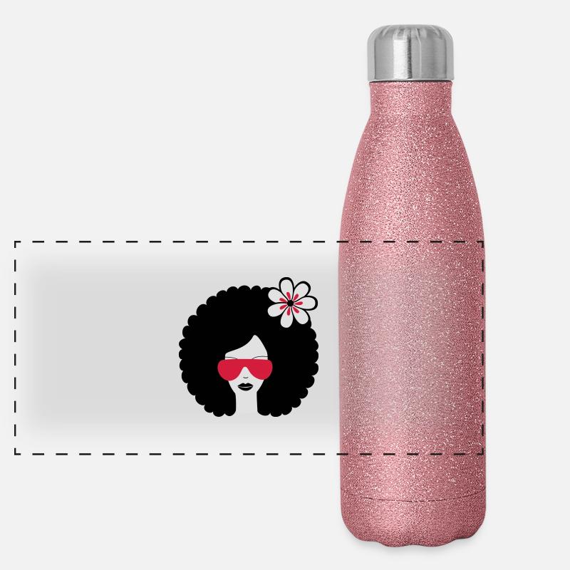 Curly haired sommer girl with flower, Retro, Afro Panorama Glitzer Isolierflasche 500 ml